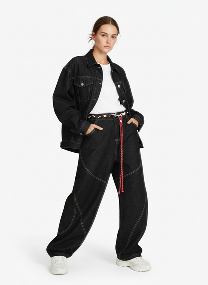 Denim Retro Belt Detail With Patchwork Barrel Jeans - 2490