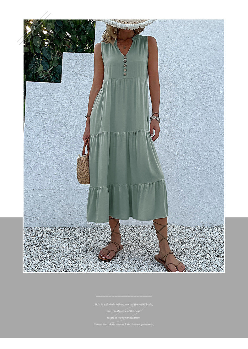 Summer Flowy Maxi Dress with Pockets Sleeveless Loose Casual Sundress V-Neck Tiered Sun Dress for Beach Cruise Vacations