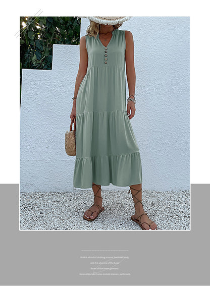 Summer Flowy Maxi Dress with Pockets Sleeveless Loose Casual Sundress V-Neck Tiered Sun Dress for Beach Cruise Vacations