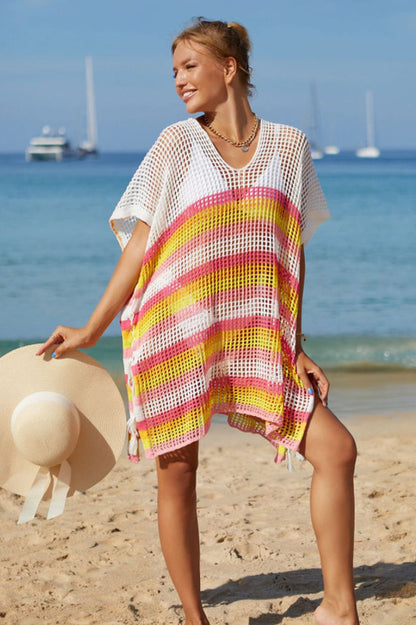 Rainbow Stripe Openwork Slit Cover Up - Seldom Seen Styles