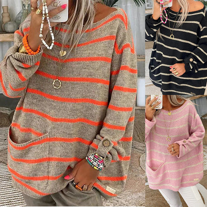 Womens Baggy Oversized Striped Sweater Trendy Color Block Casual Pullover Knit Tunic Sweater Jumper - Seldom Seen Styles