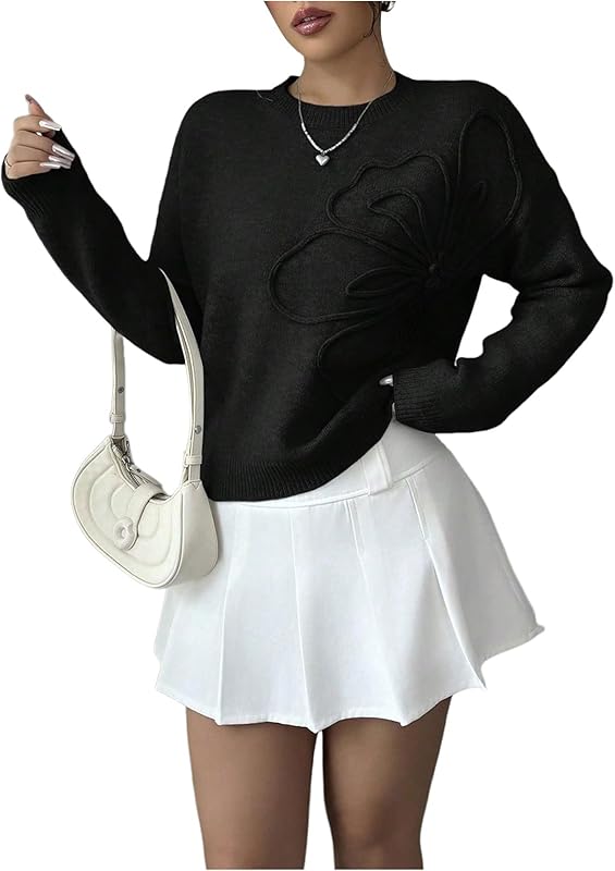 Women's 3D Floral Appliques Crewneck Sweaters Long Sleeve Drop Shoulder Pullovers Elegant Knit Tops - Seldom Seen Styles