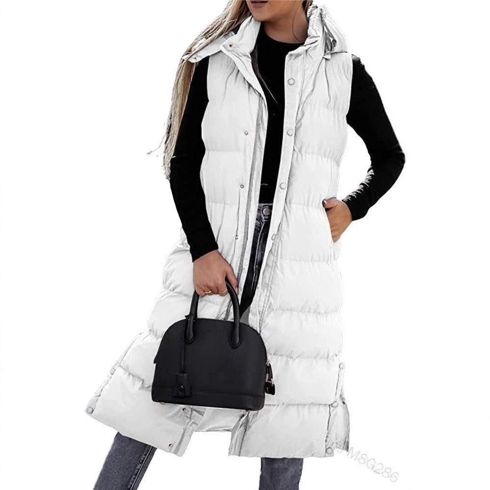 Women's Long Puffer Vest with Quilted Hood and Button Down Closure for Winter Coat 2025 - Tops, Womenswear - Seldom Seen Styles