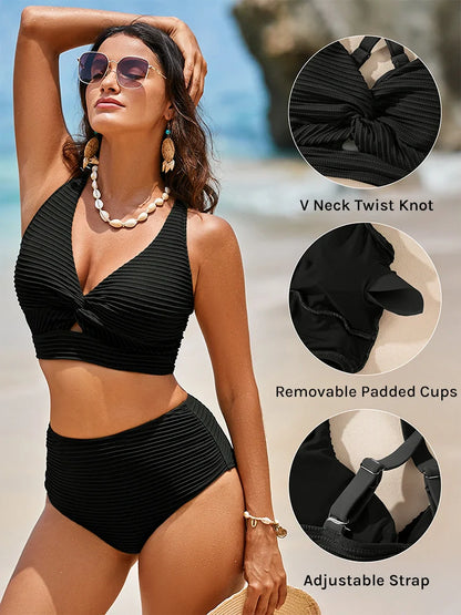 Seamless Textured Twist Front High-Waist Bikini Set