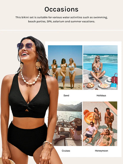 Seamless Textured Twist Front High-Waist Bikini Set