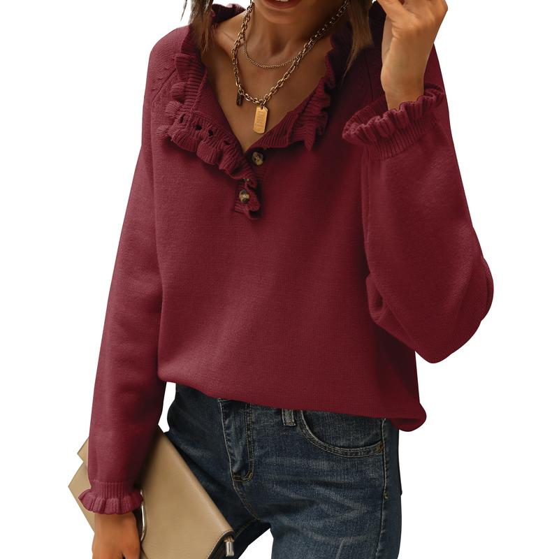 Women's Knit Pullover Sweater Tops - Casual Long Sleeve Button Down Crew Neck Ruffle Solid Color Striped - Knitwear, Womenswear - Seldom Seen Styles