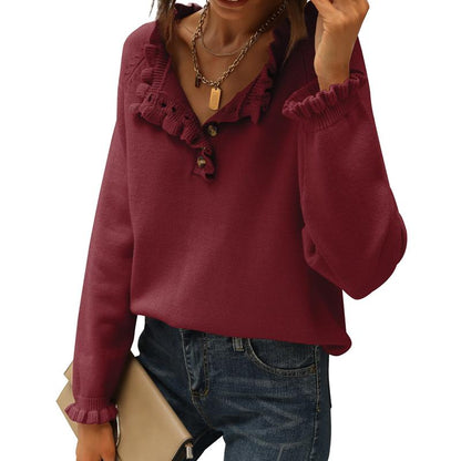 Women's Knit Pullover Sweater Tops - Casual Long Sleeve Button Down Crew Neck Ruffle Solid Color Striped - Knitwear, Womenswear - Seldom Seen Styles