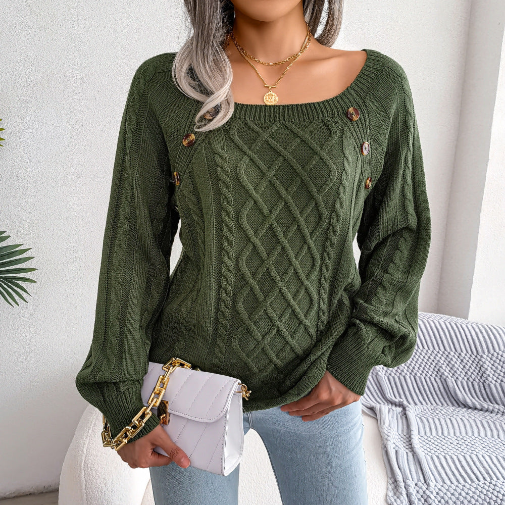 Women's Solid Textured Fake Buttons Raglan Sleeve Crewneck Sweater Tops for Spring, Casual Chic Style Round Neck Long Sleeves Knitting Jumper, Fall Clothes, Downtown Girl Knitwear Clothes - Seldom Seen Styles