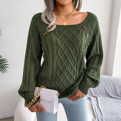 Women's Solid Textured Fake Buttons Raglan Sleeve Crewneck Sweater Tops for Spring, Casual Chic Style Round Neck Long Sleeves Knitting Jumper, Fall Clothes, Downtown Girl Knitwear Clothes - Seldom Seen Styles