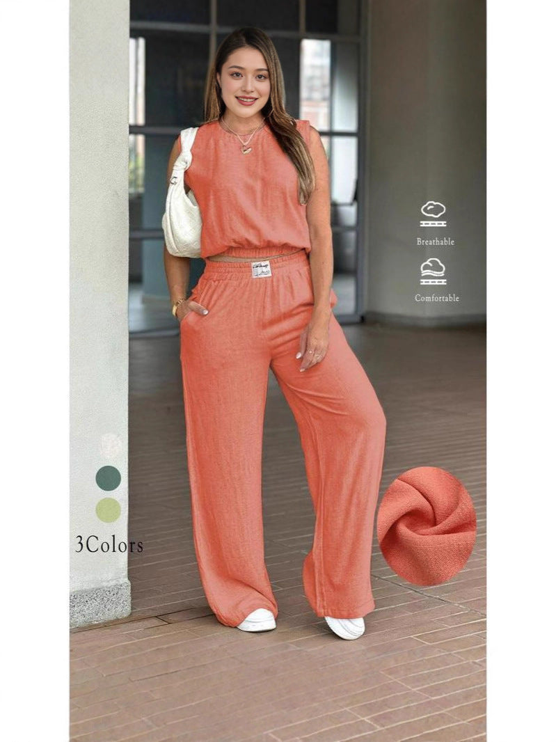 Two-Piece Set Women's Solid Color Tank Top & Wide Leg Pants Set, Casual Fashion Cozy Breathable Two-piece for Daily Outdoor Wear, Ladies Clothes for Summer, Suits - Seldom Seen Styles