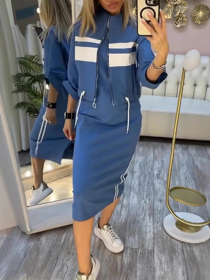 Olive Green Two Piece Skirt Set for Women – Casual Chic Midi Dress with Zip-Up Long Sleeve Jacket - Seldom Seen Styles