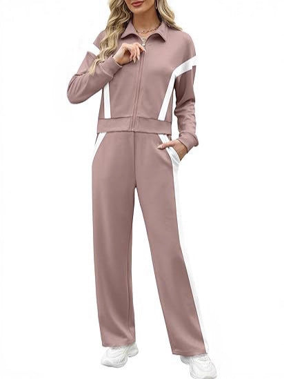 Women's 2 Piece Lounge Outfits Zip Up Sweat Set Contrast Striped Wide Leg Jogging Pants Travel Track Suit - Seldom Seen Styles