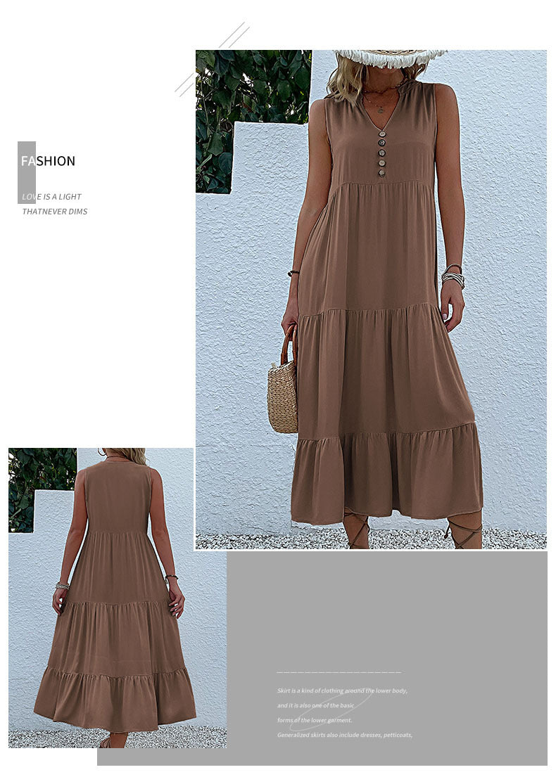 Summer Flowy Maxi Dress with Pockets Sleeveless Loose Casual Sundress V-Neck Tiered Sun Dress for Beach Cruise Vacations