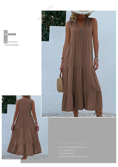 Summer Flowy Maxi Dress with Pockets Sleeveless Loose Casual Sundress V-Neck Tiered Sun Dress for Beach Cruise Vacations