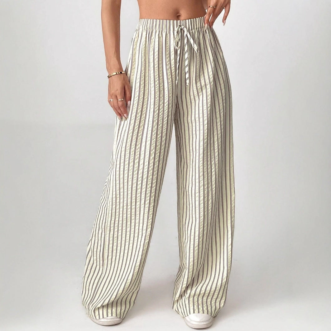 Women's Casual Striped Wide Leg Pants Drawstring Elastic Waist Dress Palazzo Pants with Pockets - Seldom Seen Styles