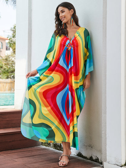 [Plus Size] Butterfly/feather Print Ruched Split Hem Tunic Dress, Valentine's Day Elegant Batwing Sleeve V Neck Long Dress for Summer, Casual Womenswear, Gift, Homecoming Dresses, Women's Clothes for Beach Holiday Vacation, Moo Moo Dresses
