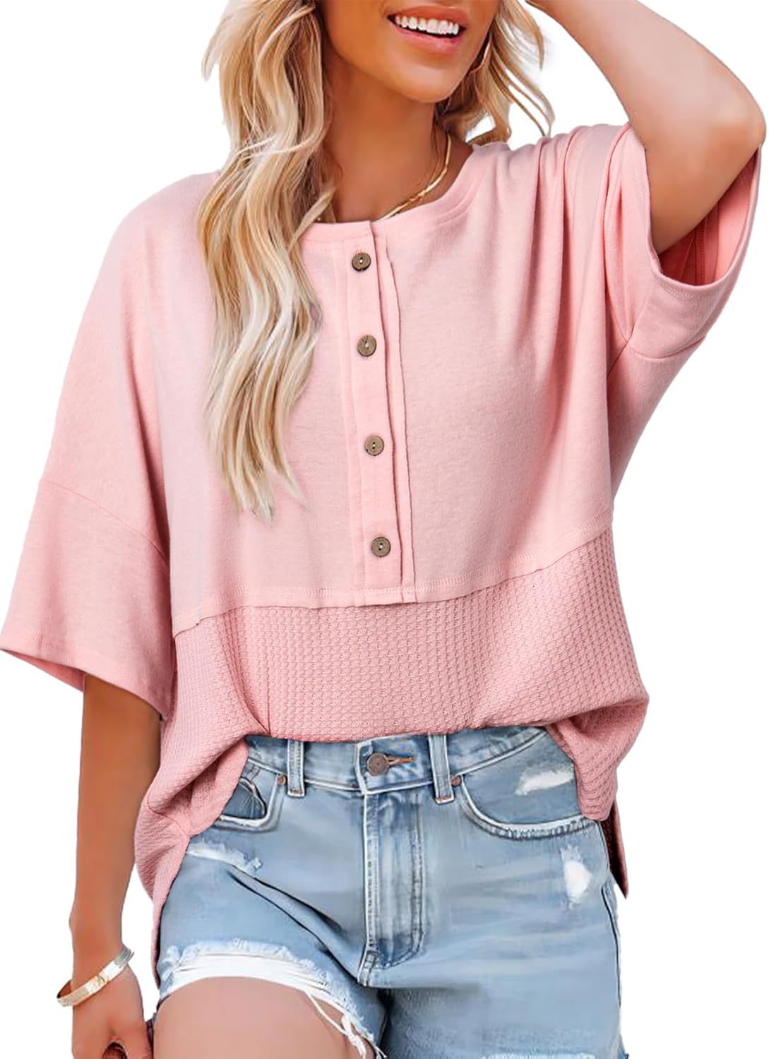 Womens Waffle Knit Tops 2025 Fashion 3/4 Sleeve Casual Button Down Shirts Crew Neck Oversized Patchwork Blouses - Seldom Seen Styles