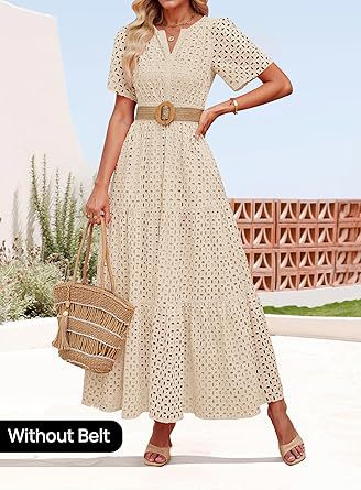 Womens 2025 Summer Maxi Dress Short Sleeve V Neck Hollow Out Eyelet A Line Long Flowy Beach Vacation Dresses