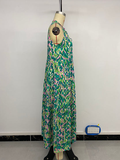 New Style Summer  Vacation Sleeveless v Abstract Print Dress with Tassel Detail