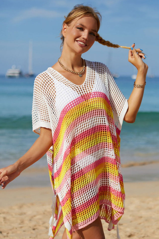 Rainbow Stripe Openwork Slit Cover Up - Seldom Seen Styles