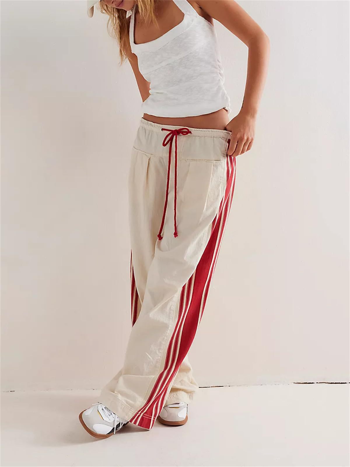 Women's Baggy Wide Leg Pants Casual Drawstring Elastic Waisted Contrast Color Workout Y2K Track Pants - Seldom Seen Styles