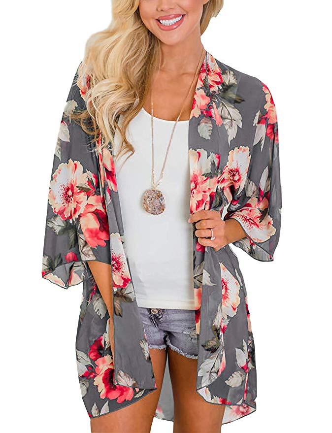Women's Beach Cover up Swimsuit Kimono with Bohemian Floral Print, Loose Casual Resort Wear - Seldom Seen Styles