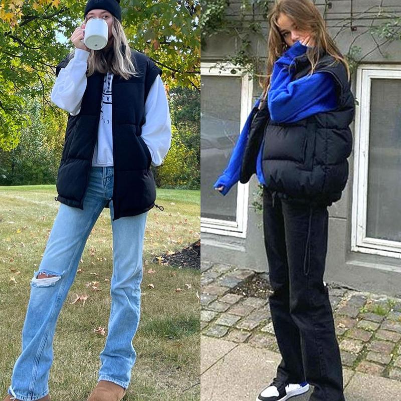 Women's Winter Oversized Puffer Vest Lightweight Stand Collar Flysleeve Insulated Padded Puffy Jackets Coat with Pockets Outerwear Casual Zipper Tops Black Fitted Minimalist FallFreshness - Seldom Seen Styles