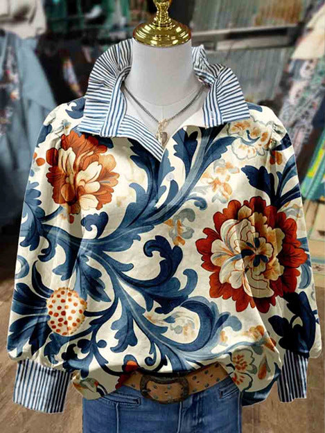 Women's Vintage Floral Print Striped Collar Top Going Outfits Blouses 90s Tops Funny Shirts Women Elegant Classy Tops Blouse Classyoutfit Women cute summer outfit boho Casual Style cute summer outfit women's summer outfits - Seldom Seen Styles