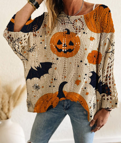 Women's Halloween Pumpkin Print Long Sleeve Knit Top, Casual Elegant Vacation Style, Loose Fit Batwing Shoulder, Spring Summer Fall Wear - Seldom Seen Styles