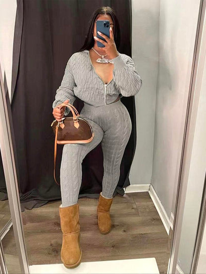 Women's Minimalist Textured Long Sleeve Crop Hooded Sweater & High Waist Skinny Pants Set, Casual Cozy Lady Knitwear Outfits Suits, Basic Womenswear - Seldom Seen Styles