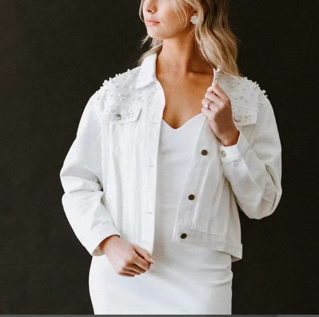Women's Fashion Loose Embroidered Pearls Beading Cropped Denim Jacket Jean Coat - Seldom Seen Styles