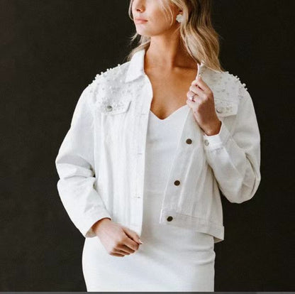Women's Fashion Loose Embroidered Pearls Beading Cropped Denim Jacket Jean Coat - Seldom Seen Styles