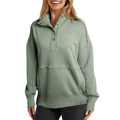 2025 Women's Fall Pullover Mockneck Button Down Ribbed Fit Lightweight Cozy Oversized Long Sleeve Sweatshirt Kangaroo Pocket for Everyday Wear - Seldom Seen Styles
