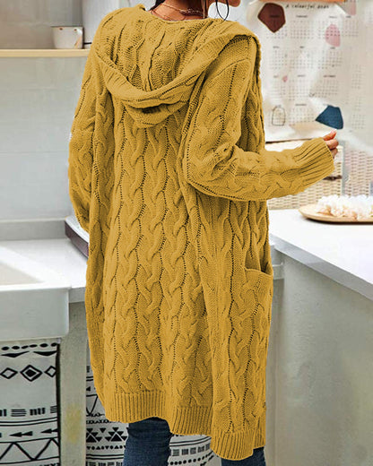 Women's Pocket Drop Shoulder Cardigan, Hooded Long Sleeve Warm Top, Casual Textured Knit Open Front Cable Outwear, Sweaters for Women