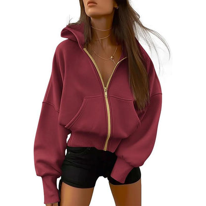 Women's Gold Zipper Hoodie Long Sleeve Fleece Y2K Style Casual Sweatshirt with Pockets for Fall Winter Clothes - Seldom Seen Styles