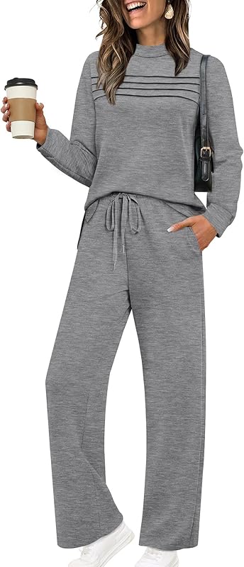 Two Piece Sets for Women Fall Travel Vacation Outfits Long Sleeve Lounge Sets Side Slit Wide Leg Pants S-3XL