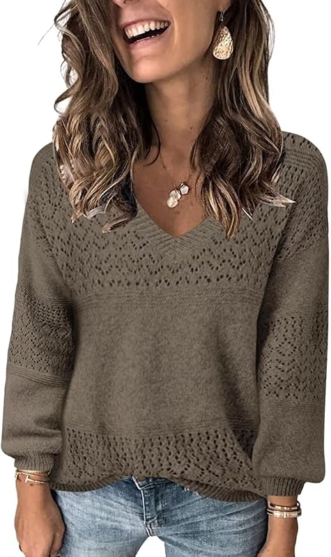 Womens Sweaters 2025 Fall V Neck Long Sleeve Hollow Knit Pullover Sweaters for Women - Seldom Seen Styles