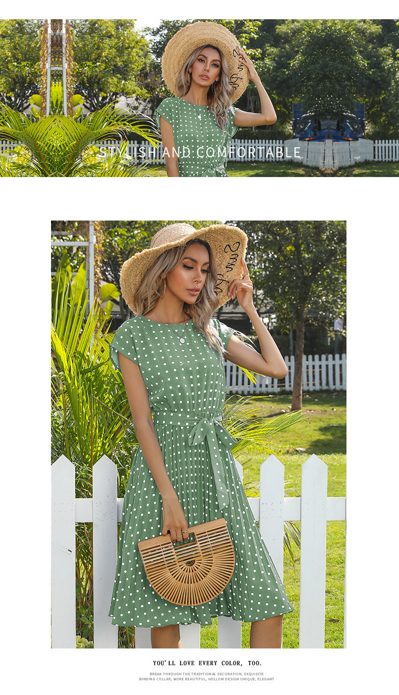 Polka Dot Dress for Women Casual Summer Midi Dress Crew Neck Short Sleeve