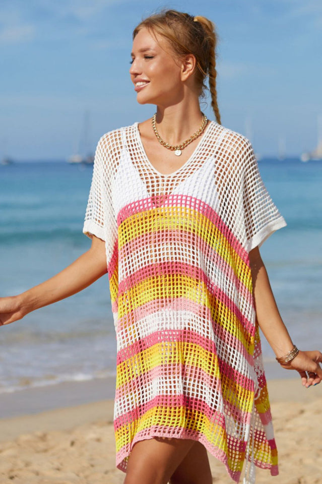 Rainbow Stripe Openwork Slit Cover Up - Seldom Seen Styles