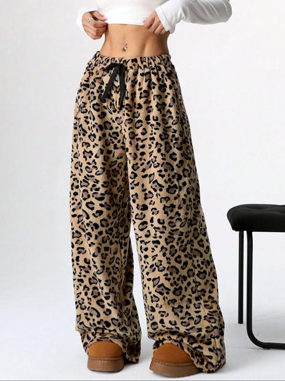 Women's Leopard Print Bow Decor Wide Leg Pants, Casual Comfy Trousers for Daily Wear, Ladies Bottoms for Fall & Winter - Seldom Seen Styles