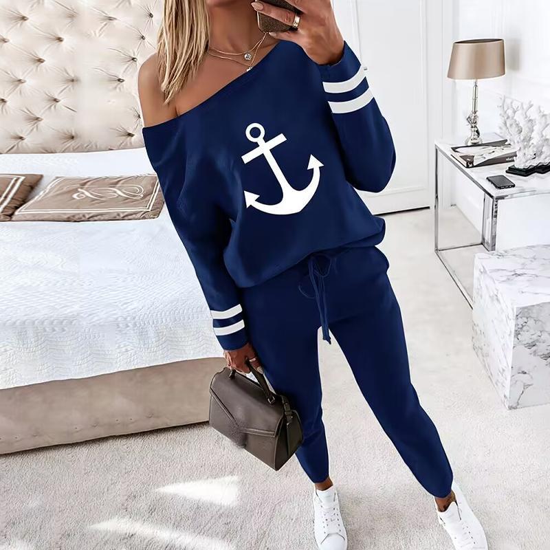 Women's 2 Piece Outfit Nope Not Today Print Skew Neck Long Sleeve Pullover Top with Stretchy Waist Long Pants Tracksuit Jogger Set - Seldom Seen Styles