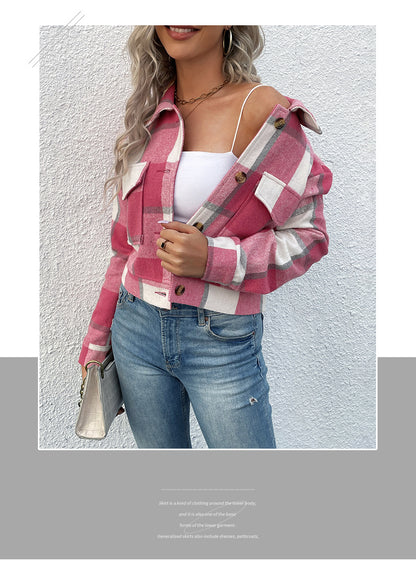 Women's Flannel Cropped Plaid Shacket Jacket Button Down Long Sleeve Shirts Tops