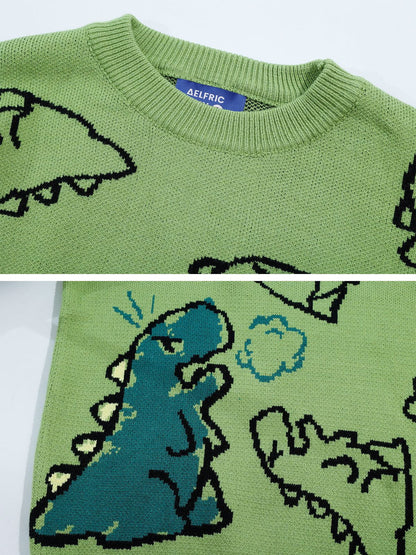 Aelfric Eden Dinosaur Cartoon Graphic Knit Sweater - Seldom Seen Styles