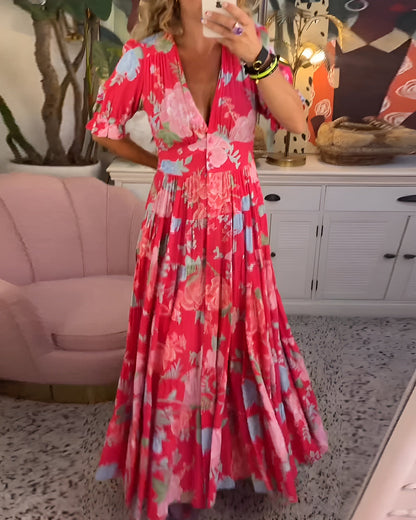 Womens Boho Floral Printed Wrap V Neck Button Maxi Dress Summer Flowy Puff Short Sleeve Slit Hem Beach Long Dress - Seldom Seen Styles