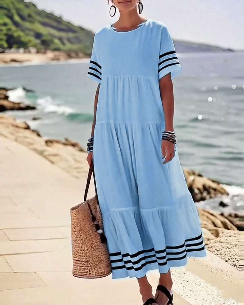 Summer Crew Neck Black Striped Loose A Line Sundress for Women with Short Sleeves Flowy Beach Patchwork Maxi Dresses - Seldom Seen Styles