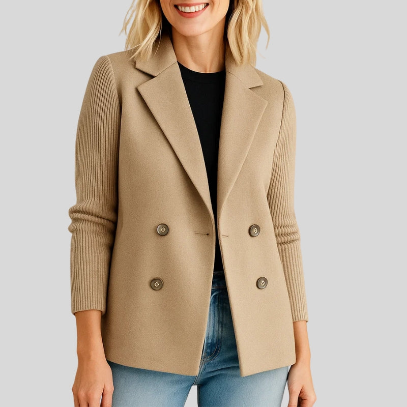 Women's Double Breasted Wool Pea Coat Notched Lapel Ribbed Knit Long Sleeve Sweater Short Blazer Jacket - Seldom Seen Styles