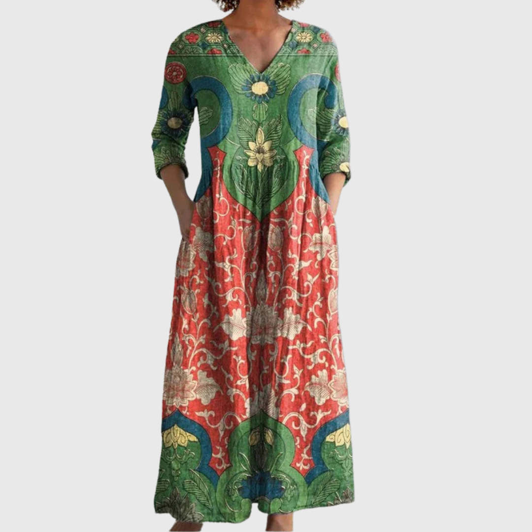 Womens Flowy Oversized Baggy Boho Floral V Neck Midi Dresses Long Sleeve Casual Loose Dress with Pockets - Seldom Seen Styles