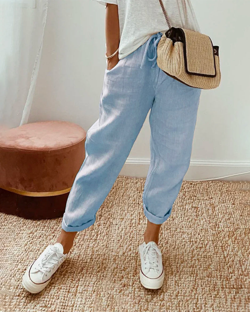 Womens Tapered Pants Cotton Linen Drawstring Back Elastic Waist Pants Casual Trousers with Pockets - Seldom Seen Styles