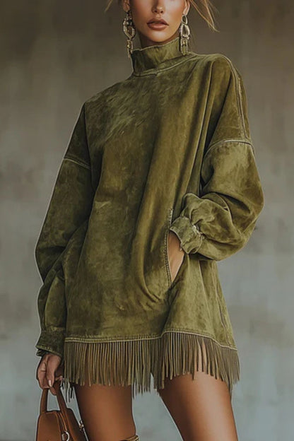 Viretta – Suede fringe detail – Turtleneck mini dress