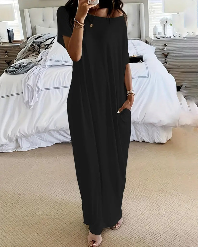 Women's Solid Color Batwing Sleeve Lounge Dress, Casual Comfy Baggy Nightdress - Seldom Seen Styles